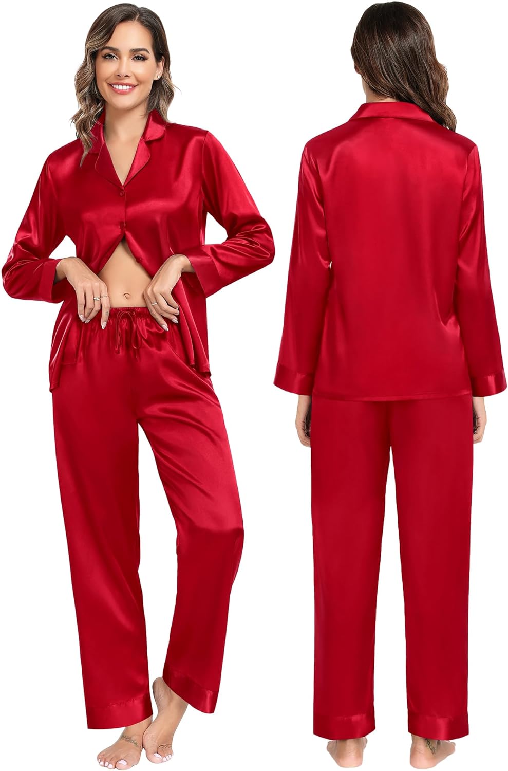 Christmas Pajamas Women's Soft Silky Pj Set Button Up Loungewear Long  Sleeve Red Holiday Sleepwear