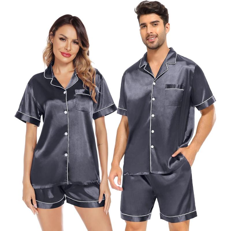SWOMOG Satin Matching Pajamas Sets Couple Silk Button Down