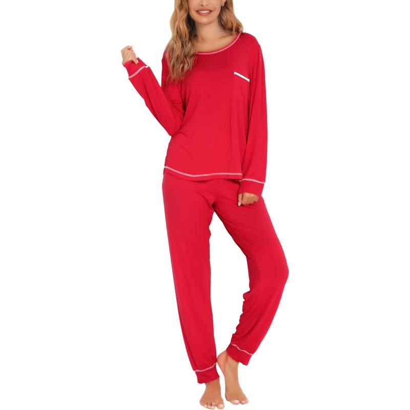 SWOMOG Women's Pajamas Set Long Sleeve Sleepwear with Pants 2 Pieces Cozy Modal  Loungewear Pj Set(2-red) - SWOMOG Deals