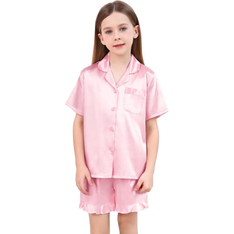SWOMOG Kids Girls Silk Satin Pajamas Sets Short Sleeve Button Down Sleepwear  with Cute Ruffle Trim Silky PJs Teens Size 4-16(Pink) - SWOMOG Deals