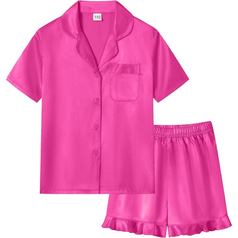 SWOMOG Kids Girls Silk Satin Pajamas Sets Short Sleeve Button Down Sleepwear  with Cute Ruffle Trim Silky PJs Teens Size 4-16(Rose) - SWOMOG Deals