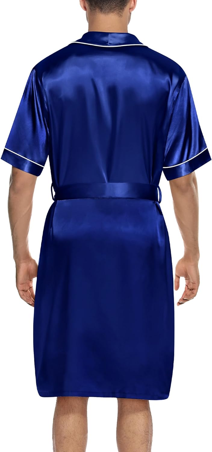 SWOMOG Men's Satin Robe with Shorts Set Silky Short Sleeve Kimono Bathrobe  Lightweight Soft Sleepwear(Navy Blue) - SWOMOG Deals